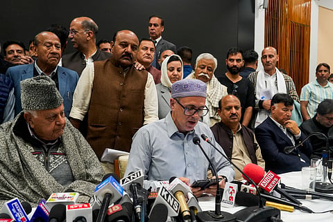 J&K Chief Minister Omar Abdullah with Deputy CM Surinder Kumar Choudhary and JKNC chief Farooq Abdullah addresses a press conference after all-party meet, in Srinagar, Thursday, April 24, 2025. 
