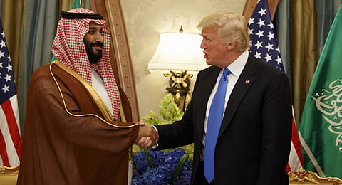 In this photo from May 20, 2017, US President Donald Trump shakes hand with Saudi Crown Prince Mohammed bin Salman in Riyadh.