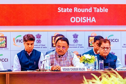 Chief Minister Mohan Charan Majhi addressing industry leaders at India Steel 2025 conference in Mumbai on Friday.