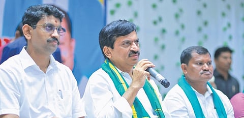 Revenue Minister Ponguleti Srinivasa Reddy  at an awareness programme on the Bhu Bharati 2025 Act at Sri Sri Kalyana Mandapam in Aswaraopet mandal, Bhadradri Kothagudem district.