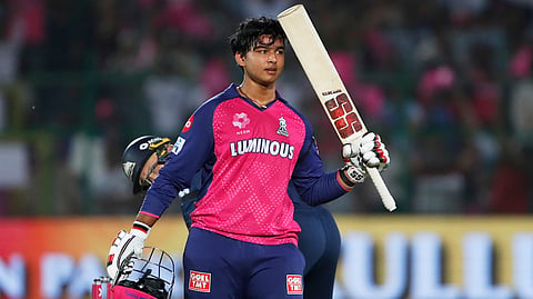 Rajasthan Royals' Vaibhav Suryavanshi celebrates after scoring a century during the Indian Premier League cricket match between Rajasthan Royals and Gujarat Titans at Sawai Mansingh Stadium in Jaipur, India, Monday, April 28, 2025. 