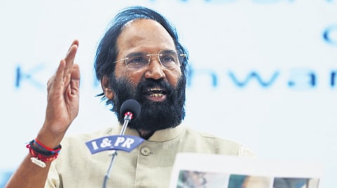 Irrigation Minister N Uttam Kumar Reddy gestures while addressing the media at the Secretariat in Hyderabad on Tuesday 