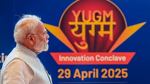  Prime Minister Narendra Modi speaks at the YUGM Innovation Conclave at Bharat Mandapam, in New Delhi.