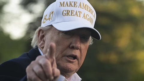 President Donald Trump arrives on Marine One at the White House, Sunday, April 27, 2025, in Washington. 
