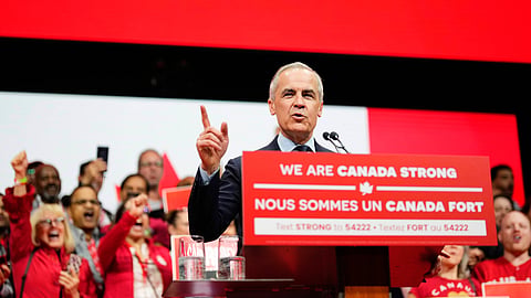 Canadian Prime Minister Mark Carney speaks on stage at his campaign headquarters after the Liberal Party won the Canadian election in Ottawa on Tuesday, April 29, 2025.