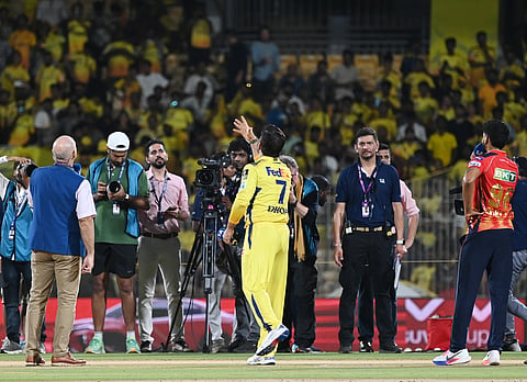 MS Dhoni at the toss against Punjab on Wednesday