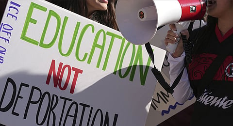 Students march at Arizona State University in protest of ASU's chapter of College Republicans United-led event encouraging students to report "their criminal classmates to ICE for deportations", Jan. 31, 2025, in Tempe, Ariz. 