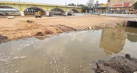 Untreated sewage water from the Panthalkudi canal flowing into the Vaigai river near the AV bridge in Madurai.