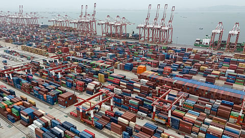 Shipping containers are seen ready for transport at the Guangzhou Port in the Nansha district in southern China's Guangdong province, April 17, 2025. 