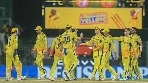 Chennai Super Kings players celebrates the dismissal of Punjab Kings' Shashank Singh during the Indian Premier League cricket match between Chennai Super Kings and Punjab Kings' at M. A. Chidambaram Stadium in Chennai, India, Wednesday, April 30, 2025. 