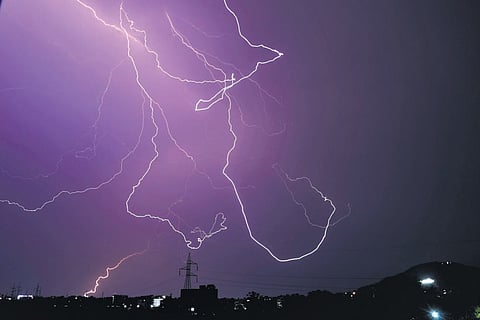 Lightning strikes after a sudden change in weather in Vijayawada in the wee hours of Thursday 