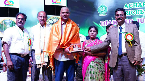 Narasaraopet MP Lavu KRishnadevarayulu was felicitated on the second day of the diamond jubilee celebrations at Acharya NG Ranga Agriculture University on Wednesday.