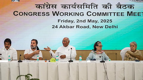  Congress President Mallikarjun Kharge, Congress Parliamentary Party chairperson Sonia Gandhi, party leader and LoP in Lok Sabha Rahul Gandhi and other leaders during the Congress Working Committee (CWC) meeting, in New Delhi.