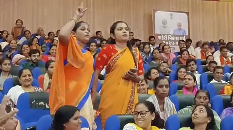 Sarla Shinde and Sandhya Nizama, the two mothers who protested against Chief Minister Bhupendra Patel at the inaugural event. 