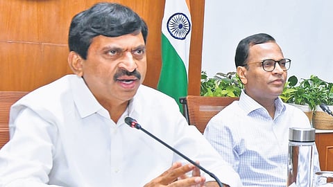 Revenue & Housing Minister Ponguleti Srinivasa Reddy speaks during a meeting in Hyderabad.