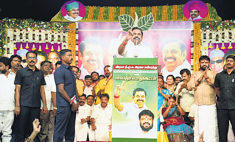 AIADMK general secretary Edappadi K Palaniswami taking part in a meeting in Chennai on Saturday