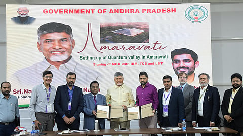 Chief Minister N Chandrababu Naidu with officials after signing a Memorandum of Understanding (MoU) with IBM, TCS and L&T on the Quantum Valley Tech Park at his residence in Undavalli on Friday.