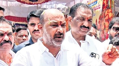 MoS for Home Bandi Sanjay speaks to media in Karimnagar on Sunday.