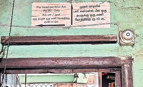 A notice put up at a Tasmac bar in Triplicane; (right) the appalling condition of a bar in Velachery 