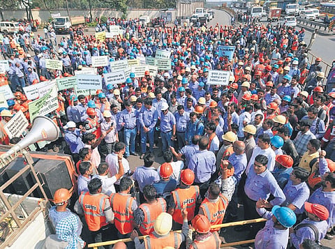 Workers staging protest outside Bhusan Power and Steel plant 