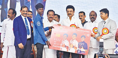 Chief Minister M K Stalin launching the Tamil Pudhalvan scheme at the Government Arts and Science College, Coimbatore, in 2024 