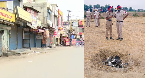 (L) Red alert issued in Pathankot, markets shut as precautionary measure. (R) Security personnel stand near the debris of an unidentified projectile which landed amid the conflict between India and Pakistan, in Jalandhar, Punjab, Saturday, May 10, 2025. 