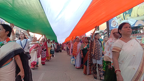 Holding a 1,500-feet-long Indian Flag, Congress members held a rally in Odisha in support of the Indian military forces