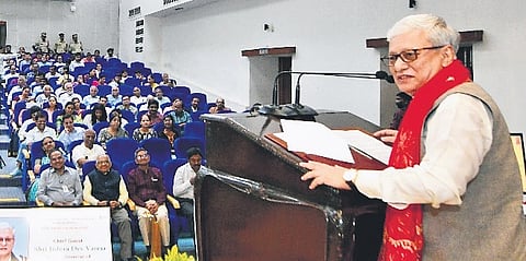 Governor Jishnu Dev Varma speaks during the National Technology Day celebrations and ASTC Annual Convention held at CSIR-IICT in Tarnaka on Sunday