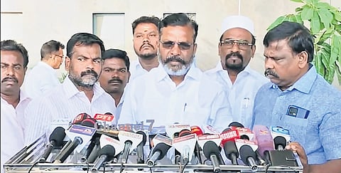 VCK leader Thol Thirumavalavan speaking to reporters at the Tiruchy International Airport on Sunday 