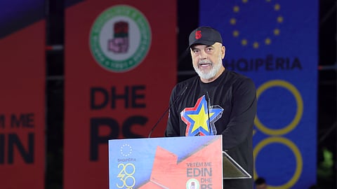 Albania's Prime Minister Edi Rama speaks during his main election campaign rally in Tirana, Albania, Friday, May 9, 2025, as his ruling Socialist Party (PS) seeks a fourth term. 