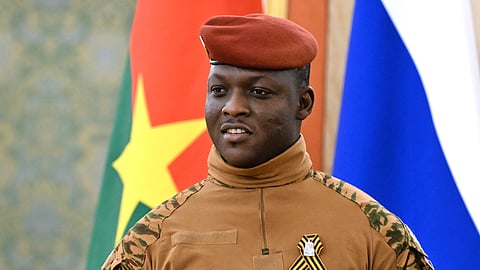 Burkina Faso President Ibrahim Traore arrives to meet Russian President Vladimir Putin in the Grand Palace at the Kremlin in Moscow, Russia, on Saturday, May 10, 2025. 