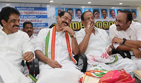 Leader of Opposition V D Satheesan sharing a light moment with Sunny Joseph, who took over as the KPCC president, even as AICC secretary K C Venugopal and outgoing KPCC chief K Sudhakaran join in at the Indira Bhavan in the 
state capital on Monday.