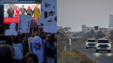People watch a live broadcast of Israeli-American soldier Edan Alexander as he is released from Hamas captivity in Gaza, at a plaza known as the hostages square in Tel Aviv, Monday, May 12, 2025