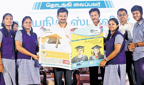 Deputy Chief Minister Udhayanidhi Stalin presenting certificates to students at an event held at Anna Centenary Library in Chennai on Wednesday 