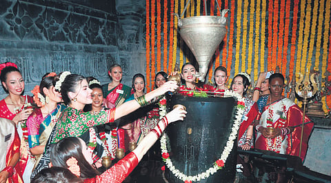 Miss World contestants perform abhishekam at the Ramappa Temple in Mulugu on Wednesday 