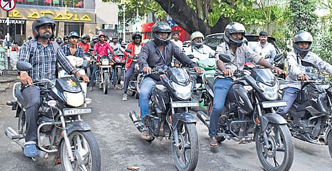 Bike Taxi Welfare Association members ride out to submit a representation to Transport Minister Ramalinga Reddy, detailing how the bike taxi ban in Karnataka will impact their livelihood, in Bengaluru on Saturday 