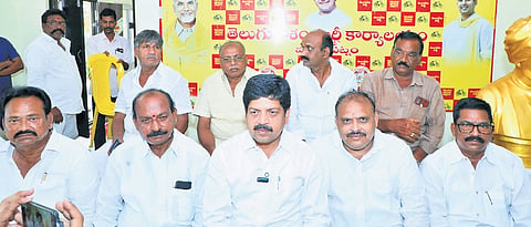 Excise Minister Kollu Ravindra speaking to the media at the TDP office in Machilipatnam on Sunday 