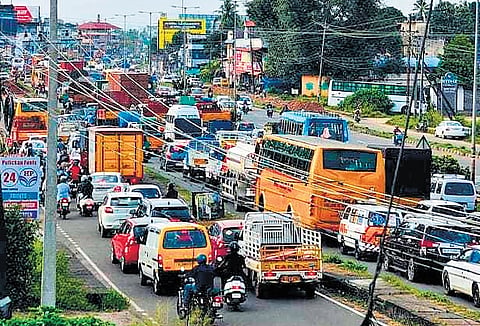 A traffic block on the NH 544 stretch at Chirangara in Thrissur.