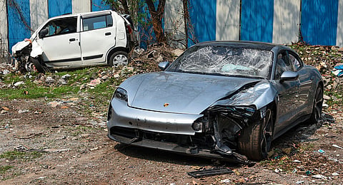 In this May 20, 2024, photo, the Porsche allegedly driven by a 17-year-old in a fatal Pune crash is seen without a number plate.