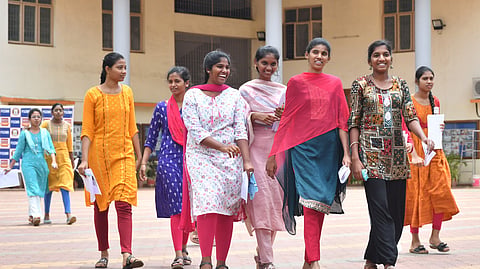 Students coming out of an exam centre after taking AP EAPCET examination in Vijayawada on Monday. 