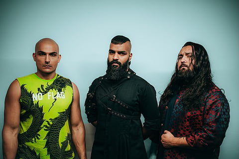 Raoul Kerr, Karan Katiyar, and Jayant Bhadula, members of Bloodywood 