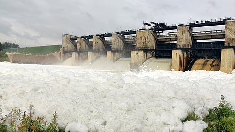  A picture of the Foaming waters from the Kelavarapalli dam caused due to the flooding in Thenpennai near Hosur.