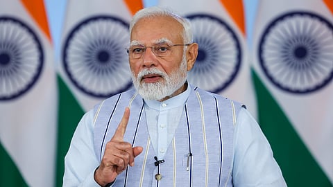 Prime Minister Narendra Modi virtually delivers his remarks during the 78th Session of the World Health Assembly in Geneva.