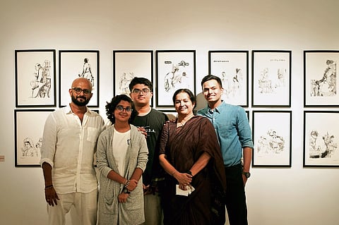 Kailash Menon, Arpana, Agney, Shalini Menon and Vishnu in front of Balasubramanian’s works displayed at Durbar Hall Art Gallery in Kochi