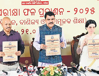 SME Minister Nityananda Gond releases the Plus II results at the CHSE office on Wednesday.