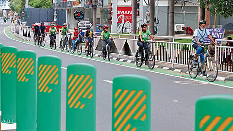 Riders on the city’s new cycle track