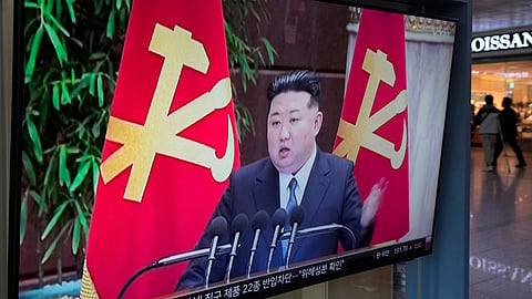 A TV screen shows a file image of North Korean leader Kim Jong Un during a news program at Seoul Railway Station in Seoul, South Korea, Thursday, May 22, 2025.