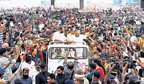 Chief Minister Pinarayi Vijayan arriving at the venue of the valedictory of the government’s fourth anniversary celebrations in the capital on Friday 