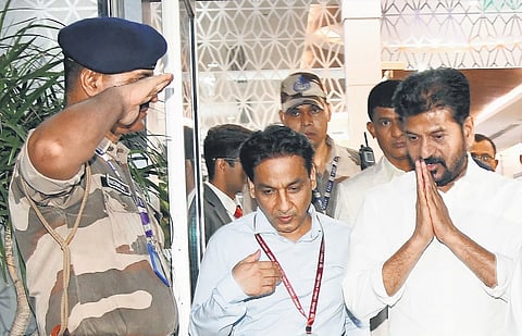 Chief Minister A Revanth Reddy arrives at Delhi airport on Friday