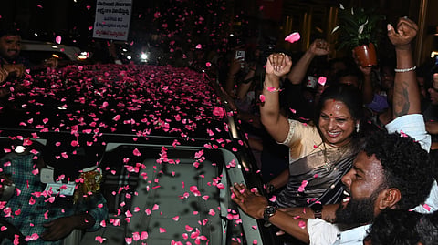 Supporters welcome BRS MLC K Kavitha back home at the Rajiv Gandhi International Airport in Hyderabad on May 23, 2025. 